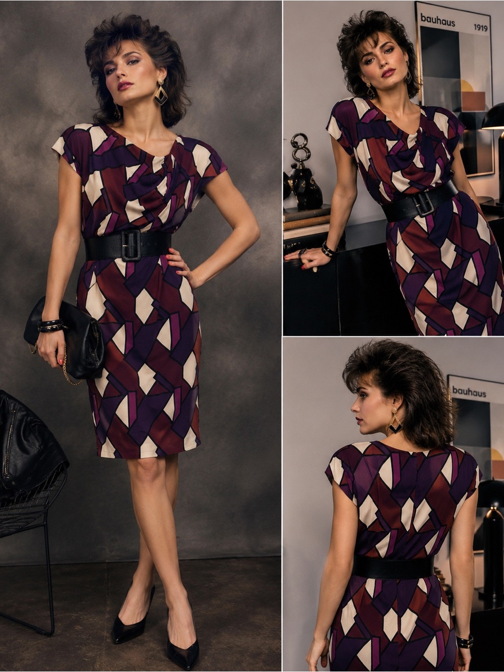 Purple Geometric Print 80’s Belted Sheath Dress ✨🍇